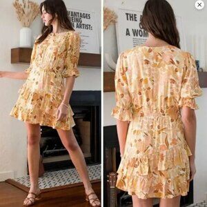 2/$30 Lost and Wander Yellow Sorrento Boho Floral Mini Lined Dress Size S #0820